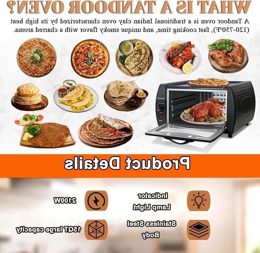 Elektrische Tandoor Oven Pizzamaker Mini Oven Authentiek Koken 2-in-1 Functie 15L Capaciteit Zwart