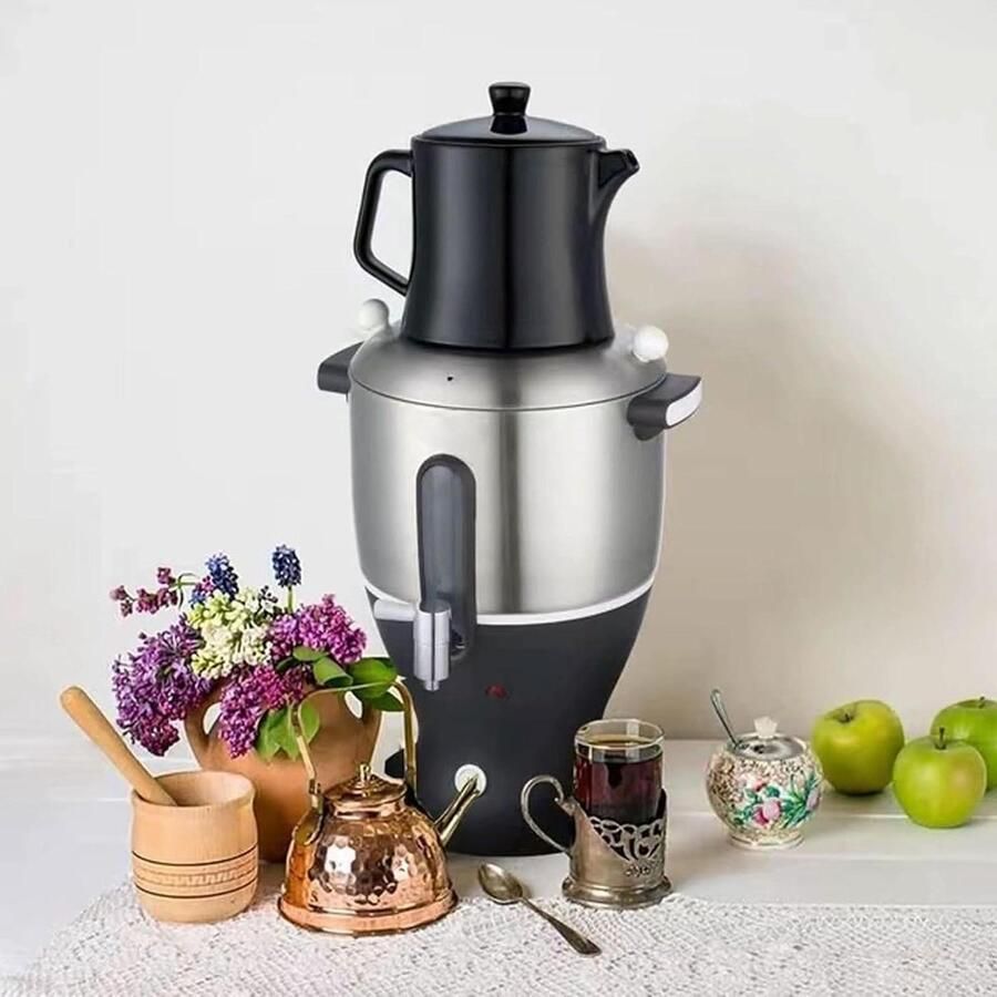 Elektrische Theemaker Waterkoker Samovar Thee Zetten Dubbele Pot 6l Capaciteit Zilverkleurig