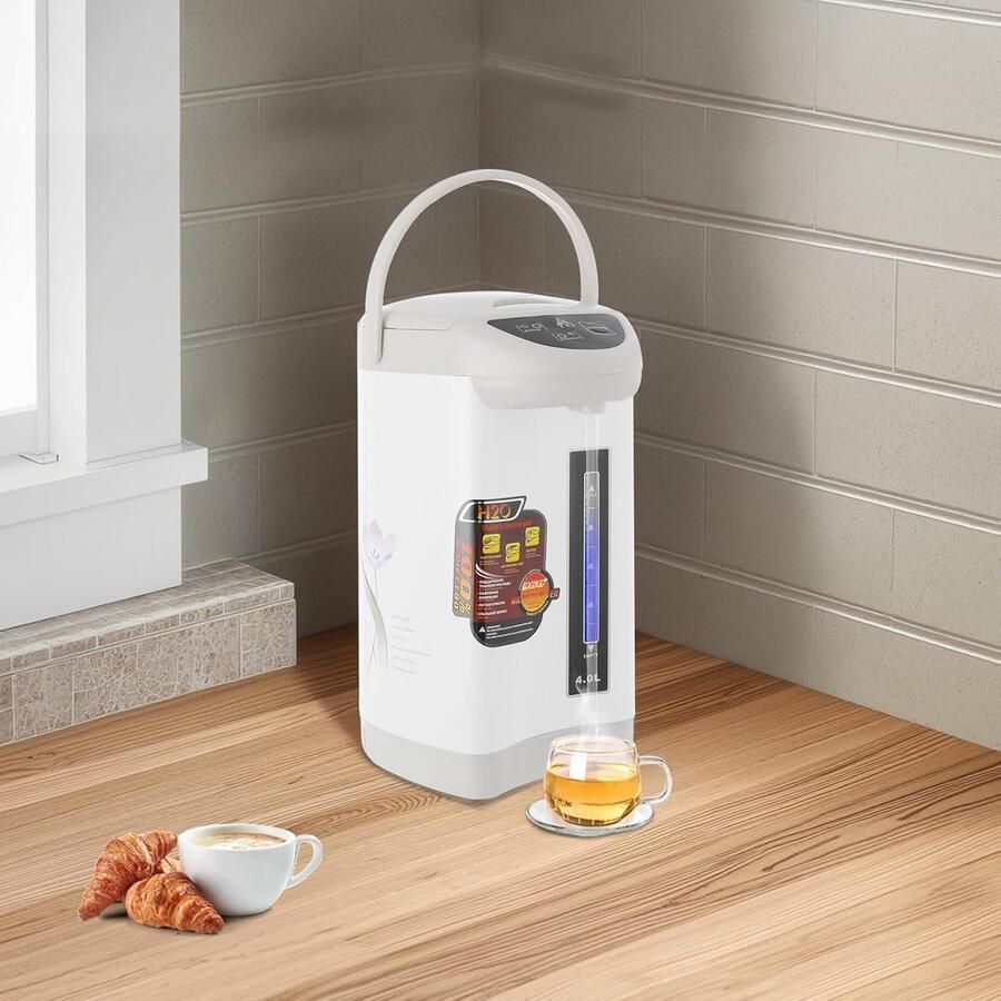 Elektrische Thermoskan 4 Liter Waterdispenser & Waterkoker 750W Automatisch Warmhouden Roestvrij Staal Zichtbaar Waterniveau Brede Hals Veiligheidsschakelaar Ideale Theepot voor Thuis (Wit)