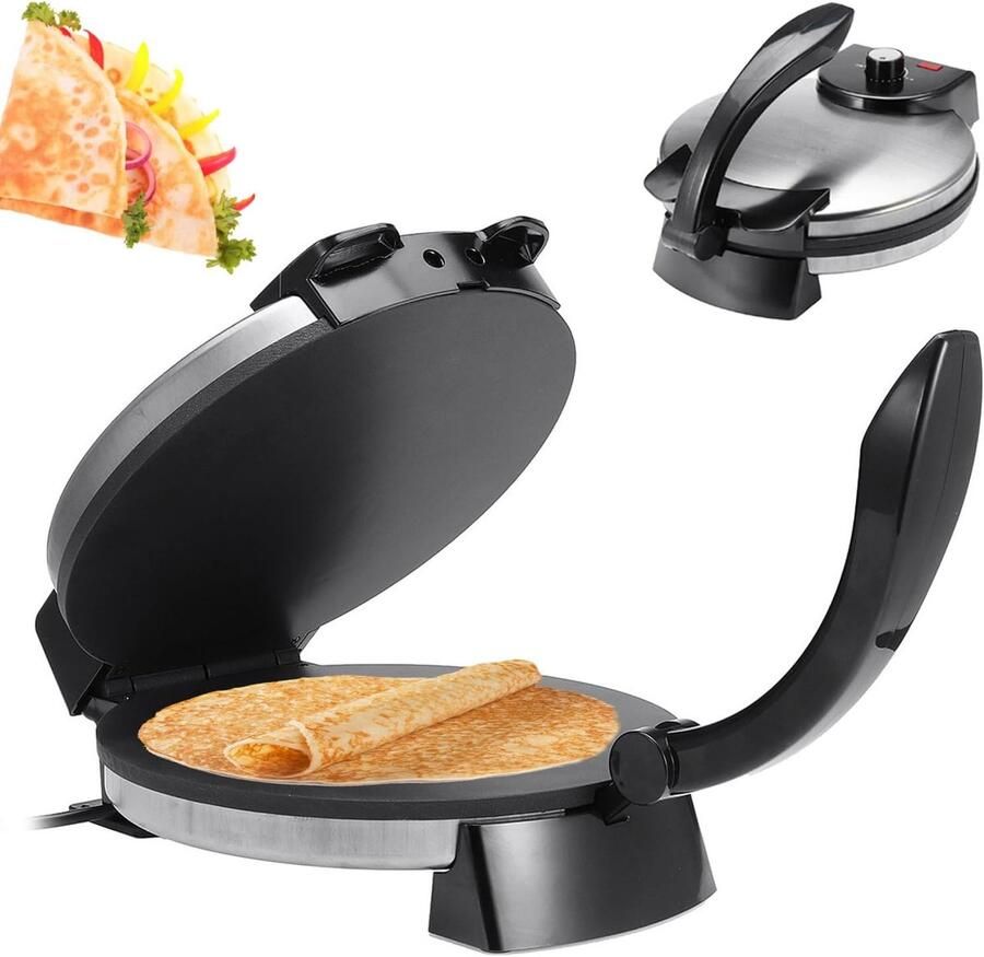 Elektrische Tortilla Maker Plattebrood Apparaat Snel Broodjes Bakken Antiaanbak Granietlaag 26 cm Diameter Zwart