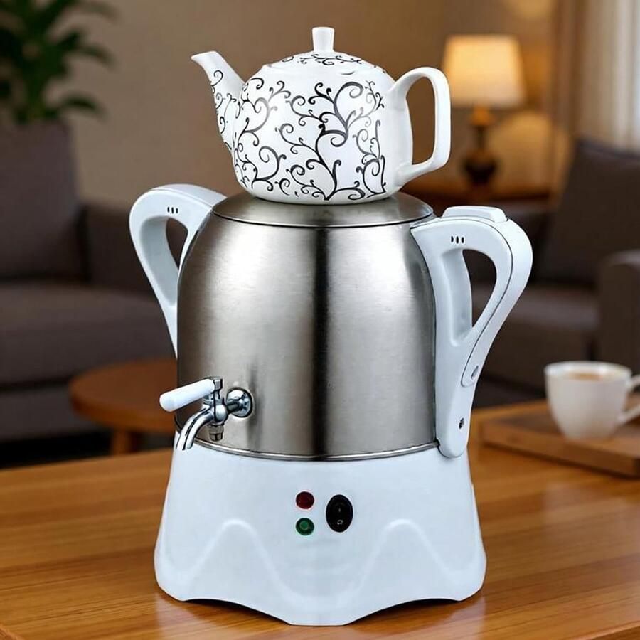Elektrische Turkse Samovar Theemaker Waterkoker Thee Zetten Dubbele Theepot 3L + 1L Wit