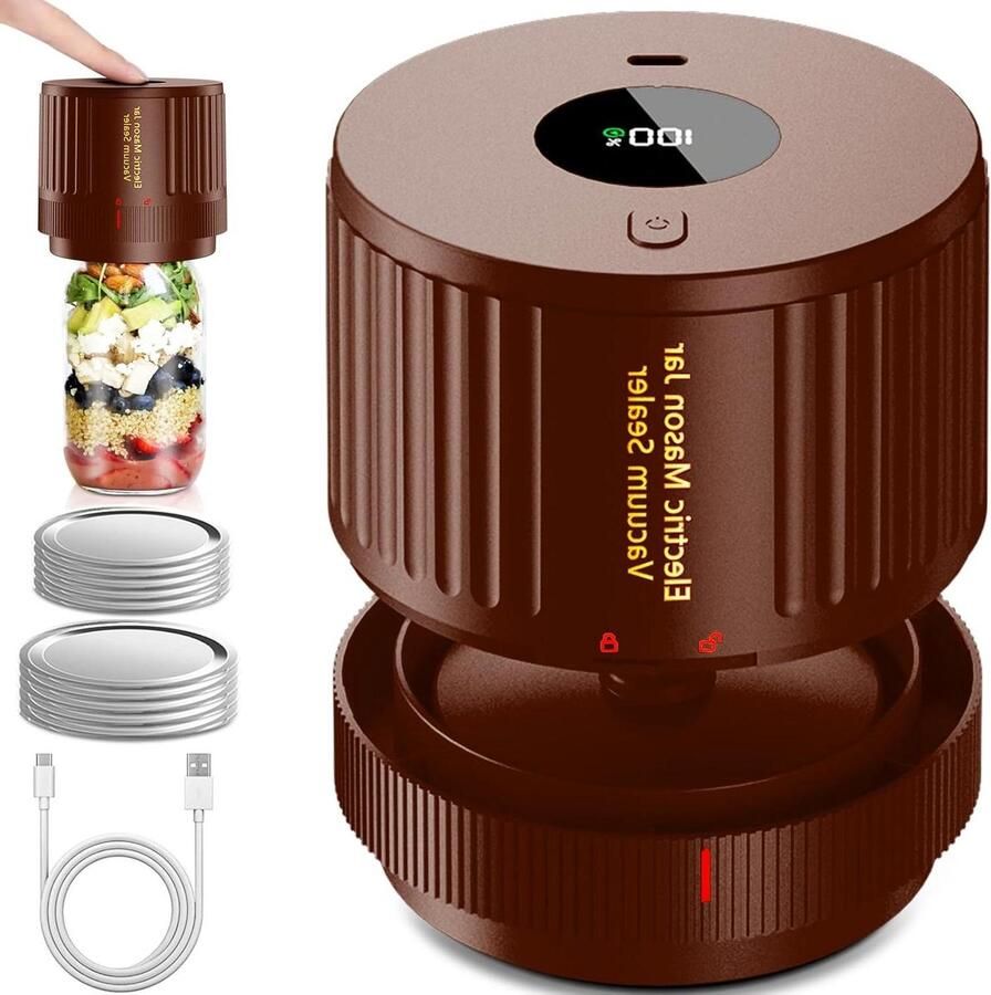 Elektrische Vacuüm Sealer Potten Sealer Voedsel Bewaren Draadloos en Draagbaar Voor Brede & Standaard Potten Bruin