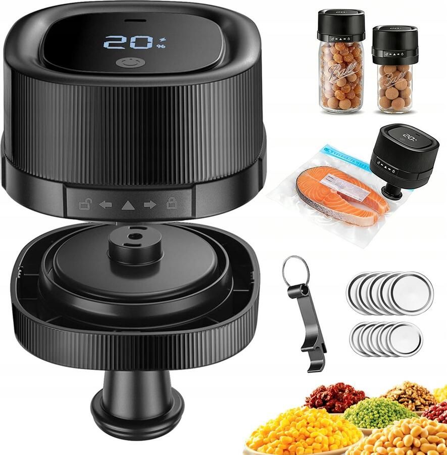 Elektrische vacuümsealer voor Mason Jars Vacuümeerder Geschikte potdiameter: 7 cm (standaard) en 8 5 cm (breed) Eenknopsbediening & Dubbele Diameter Draadloos & LED-display Luchtdicht & Vershouding Voor Keuken & Voorraad
