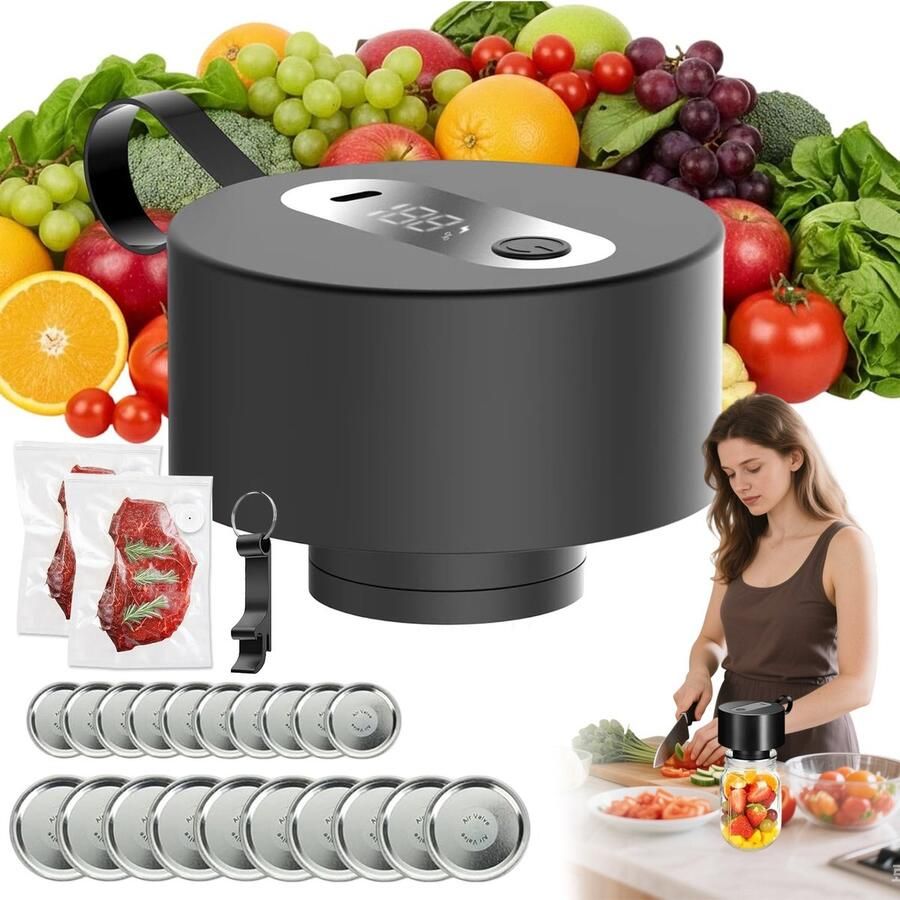 Elektrische Vacuümsealer Weckpotten 1800mAh & USB-C Oplaadbaar Automatische Stop & Draadloos BPA-vrij & Stil