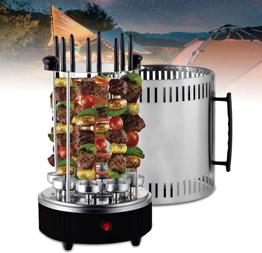 Elektrische Verticale Grill Rookloze Grillplaat Buiten Koken 360 Graden Rotatie 1200 Watt Zilver
