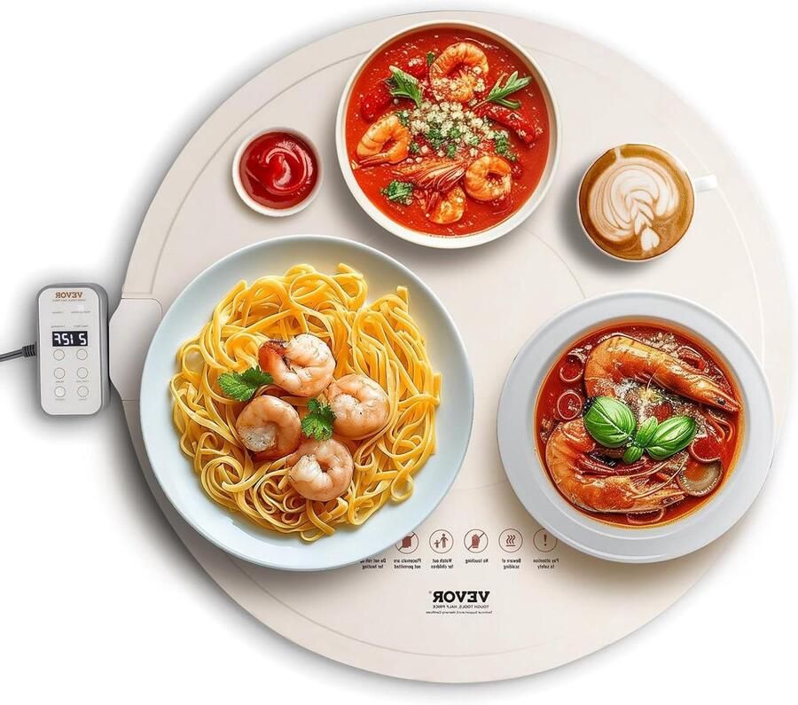 Elektrische Verwarmingsbak Voedselwarmer Buffet Eten Warm Houden Oprolbaar Siliconen Ontwerp 60 cm Diameter Wit