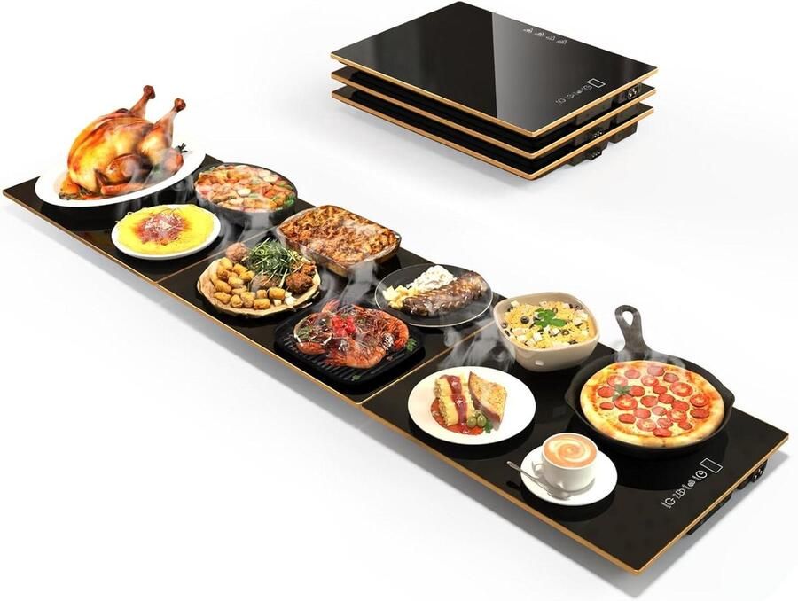 Elektrische Verwarmingsplaat Buffet Warmer Eten Warm Houden Modulair Ontwerp 122 cm Lang Zwart en Goud