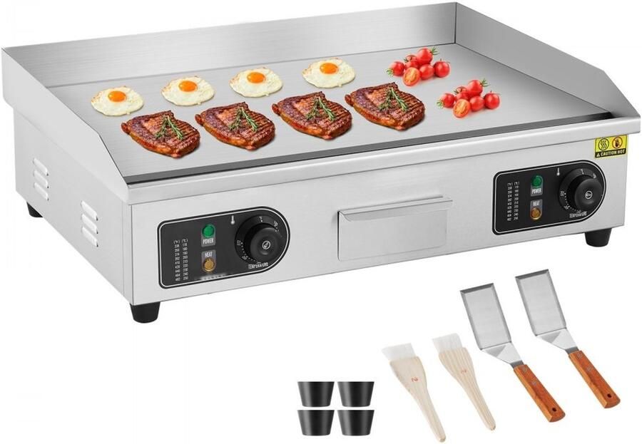 Elektrische vlakke bakplaat Commerciële teppanyaki grillplaat Vermogen 4000 W Instelbare temperatuur 50-290°C Afm. 66 5 x 40 5 cm RVS Incl. 2 spatels & 2 borstels