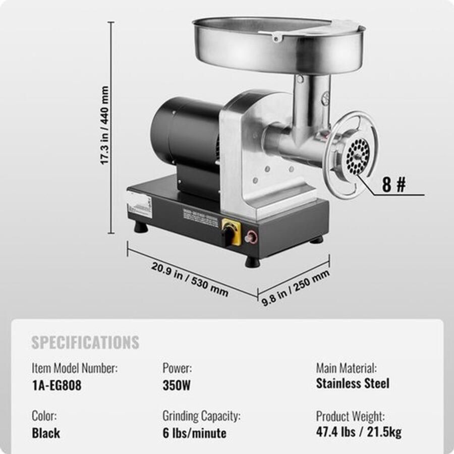 Elektrische Vleesmaler – Vleesmolen – Gehaktmolen – Worstmaker – 350W Motor – RVS Materiaal – 2 7 Kg Per Minuut
