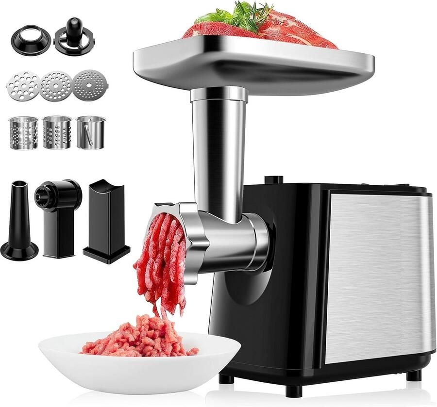 Elektrische Vleesmolen 3-in-1 met 3 Maalplaten en 3 Groentesnijders Worstvuller & Gehaktmachine