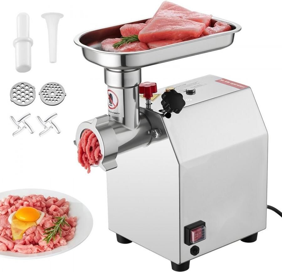 Elektrische vleesmolen (gehaktmolen) Tafelmodel 600 W Capaciteit 2 04 kg min RVS Inclusief mes en maalplaat Met worstvulfunctie Voor keuken en restaurant