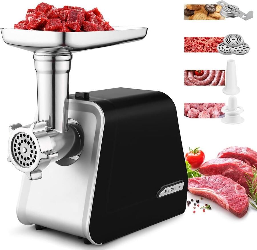 Elektrische Vleesmolen Keukenmachine Gehakt Worst Maken 2000 Watt Kracht 3 Maalplaten Zilver Zwart
