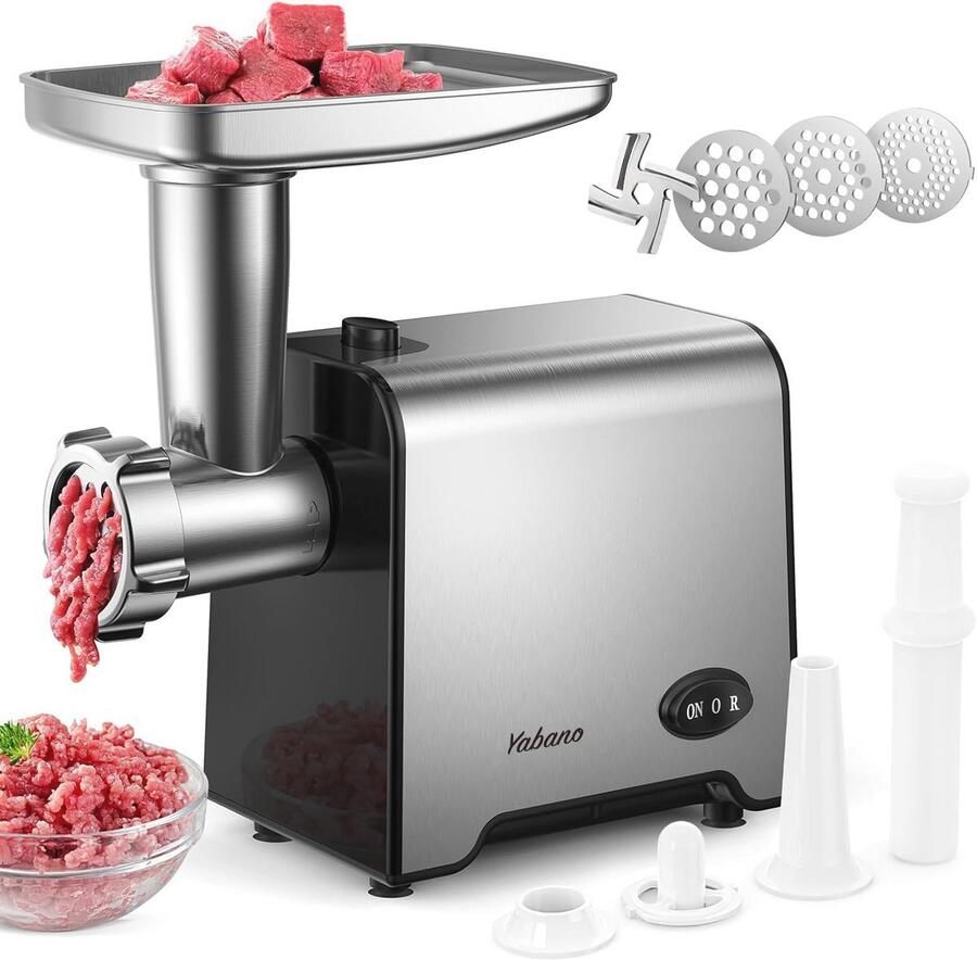Elektrische vleesmolen met worstopzetstuk en 3 roestvrijstalen gatschijven 350W