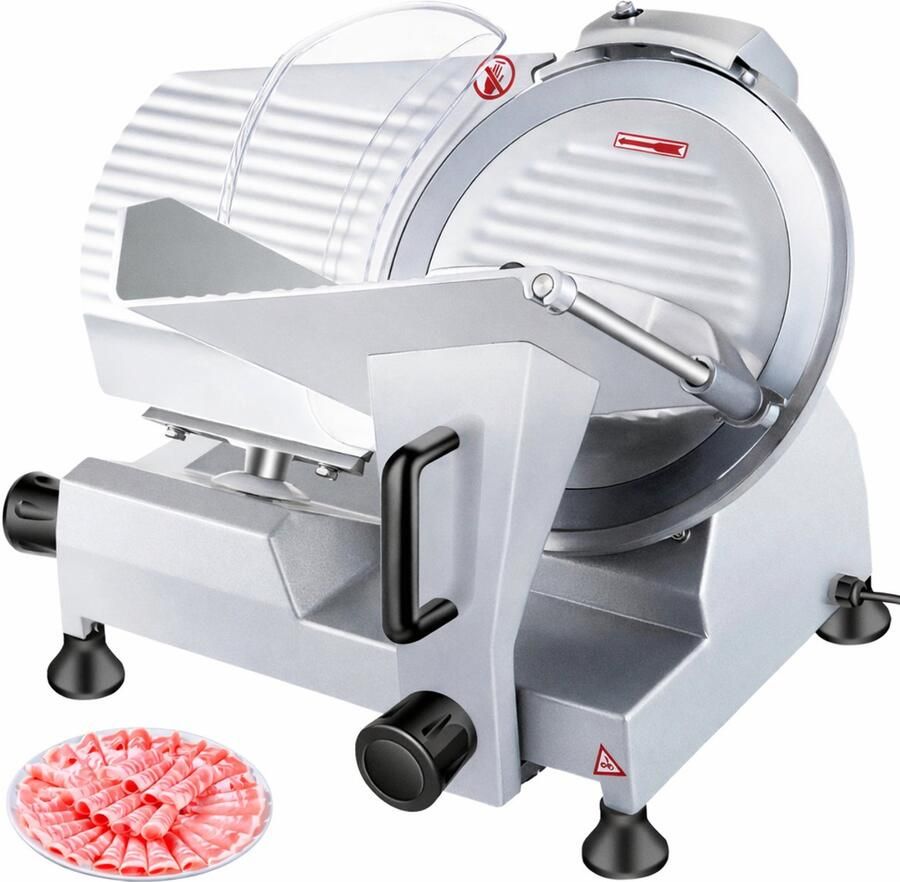 Elektrische Vleessnijmachine 240W 10 Inch Koolstofstalen Mes 350-400 RPM Verstelbare Dikte 0-12 mm Ingebouwde Slijpsteen Veiligheidsschild Antislip Voetjes Afneembare Onderdelen Commercieel en Thuisgebruik Vlees Kaas Groenten