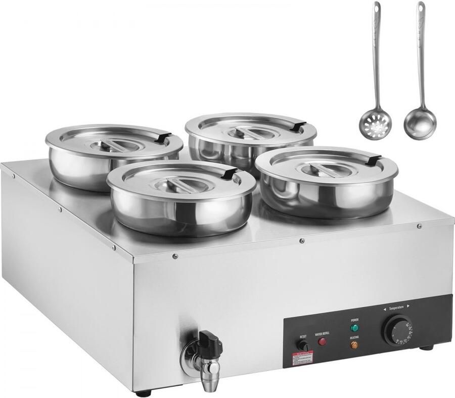 Elektrische voedsel- en soepverwarmer Bain-marie 4-vaks Capaciteit 4 x 7 L Vermogen 1500 W Instelbare temperatuur 30–85°C Droogkookbeveiliging Voor buffet en restaurant
