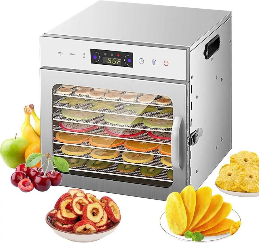 Elektrische Voedseldroger 8 Lagen Roestvrij Staal Dehydrator Fruitdroger Vleesdroger Snackmaker 400W Digitale Timer 24 Uur Temperatuurregeling 35 tot 90 Graden LED Bedieningspaneel Geschikt voor Fruit Groente Vlees Jerky