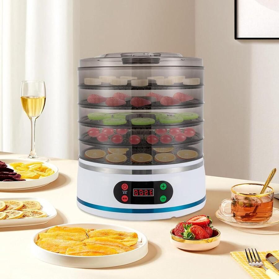 Elektrische voedseldroger Voedseldehydrator machine Gezond eten bewaren 5 droogniveaus 28 x 32 cm Wit