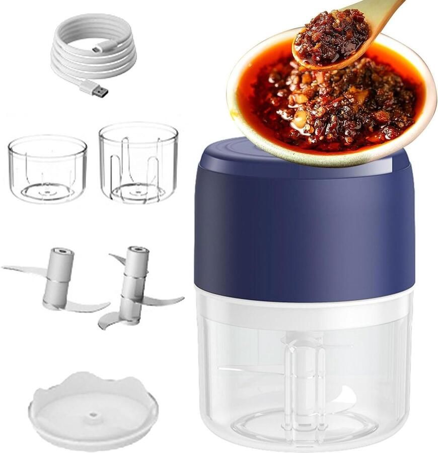 Elektrische Voedselhakker Mini Keukenmachine Snel Ingrediënten Snijden USB Oplaadbaar 9.1 x 10.3 x 9.1 cm Blauw