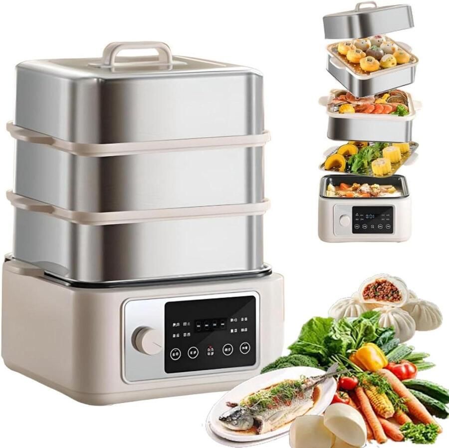 Elektrische Voedselstomer Stoomkoker RVS Gezond Koken Touchscreen Bediening 16L Zilver