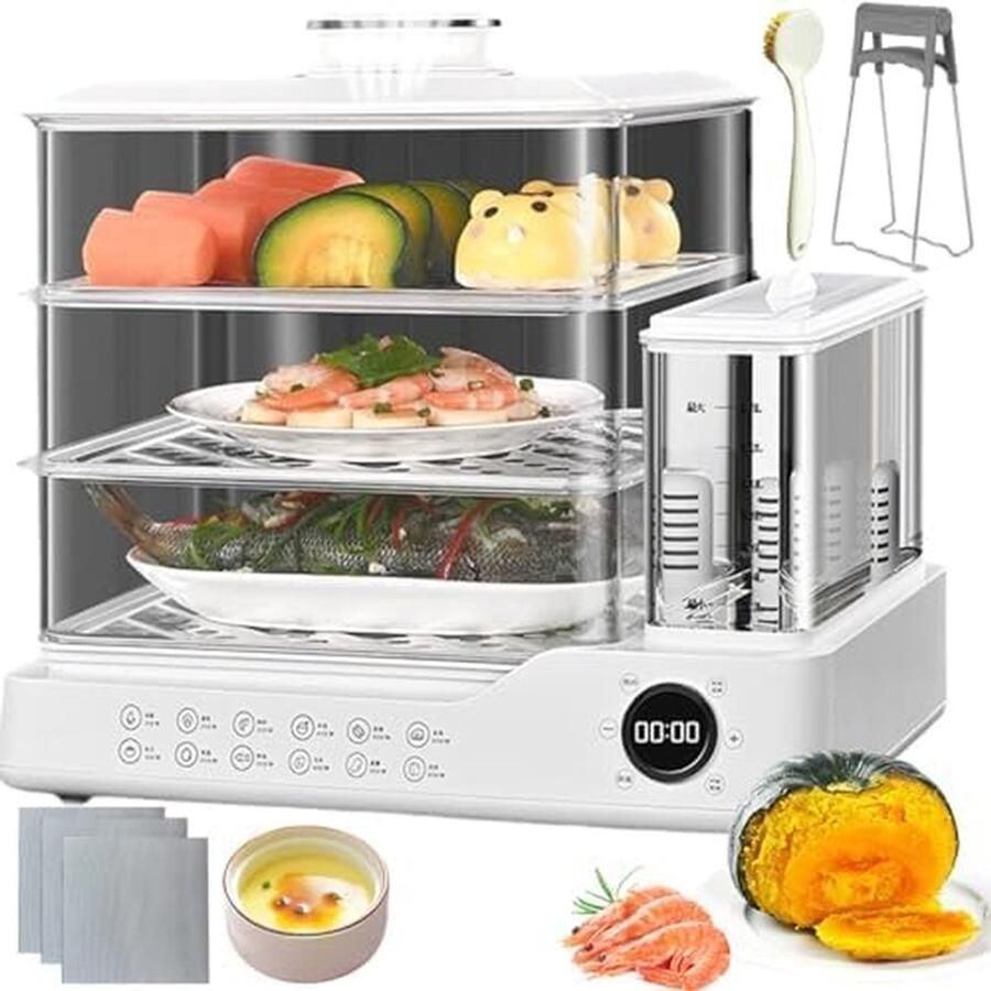 Elektrische Voedselstomer Stoomkoker Steamer Gezond Koken 3-Traps Roestvrij Staal 24 Liter Zilverkleurig