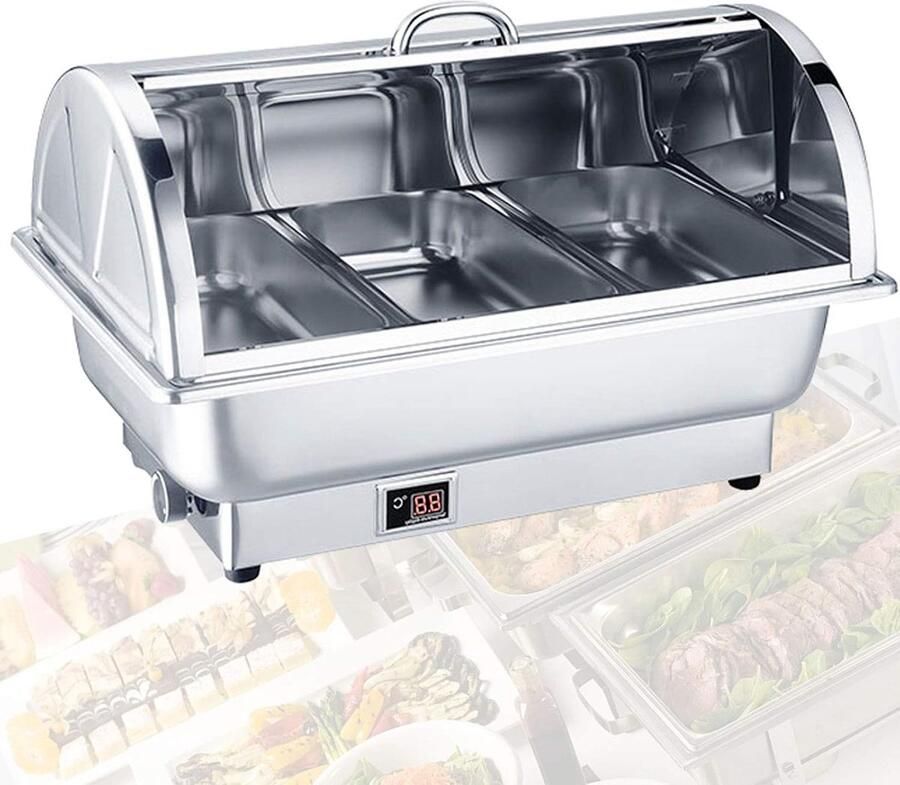 Elektrische voedselverwarmer Buffetwarmer chafing dish Feesten en buffetten Instelbare temperatuur 9 liter capaciteit Zilverkleurig