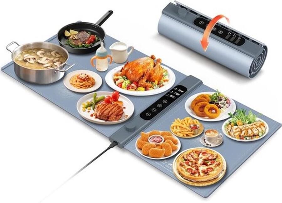 Elektrische voedselverwarmer Verwarmingsmat buffet Buffetten warm houden 3 onafhankelijke zones 101 x 43 cm Grijs