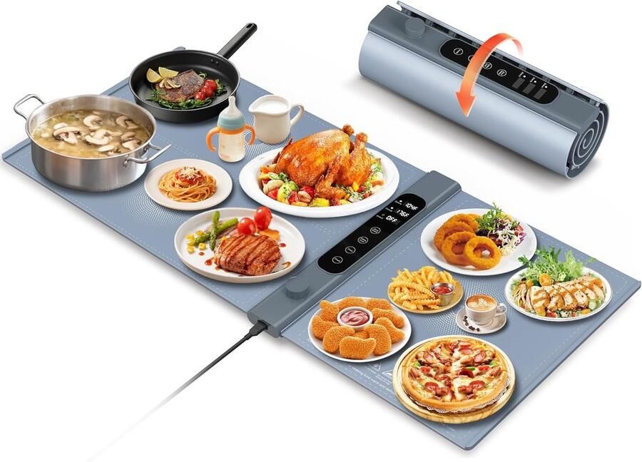 Elektrische voedselverwarmer Verwarmingsmat buffet Buffetten warm houden 3 onafhankelijke zones 101 x 43 cm Grijs