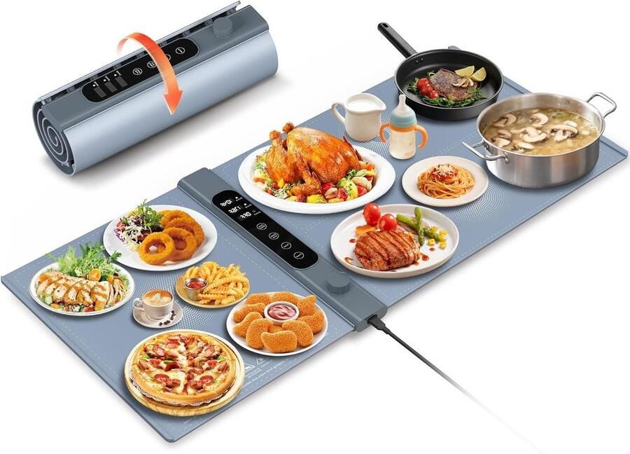 Elektrische Voedselverwarmer Verwarmingsmat Buffet Buffetten Warm Houden 3 Onafhankelijke Zones 101 x 43 cm Grijs