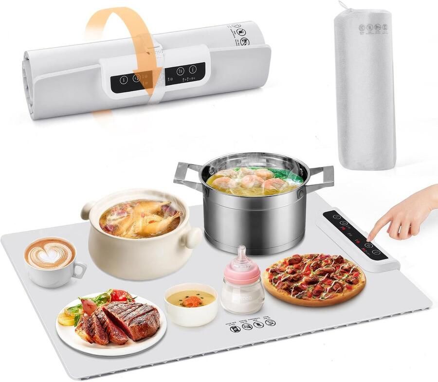 Elektrische voedselverwarmer Warmhoudplaat gerechten Buffet serveren Draagbaar opvouwbaar 60.8 x 37.8 cm Zwart