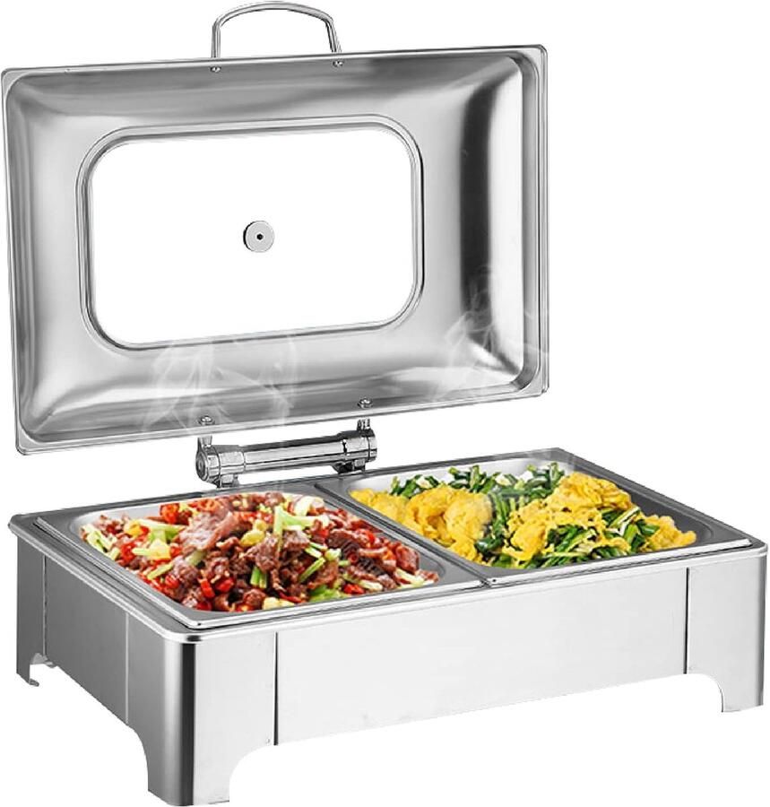 Elektrische Voedselwarmer Buffet Server Feestelijke Bijeenkomsten Gehard Glazen Deksel 57x42x22 cm Zilver