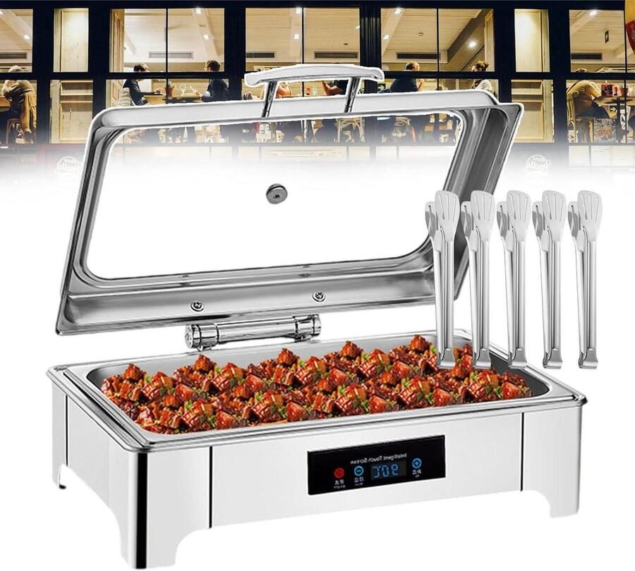 Elektrische Voedselwarmer Buffet Server Gerechten Warm Houden Digitale Temperatuurweergave 135 Liter Inhoud Zilver