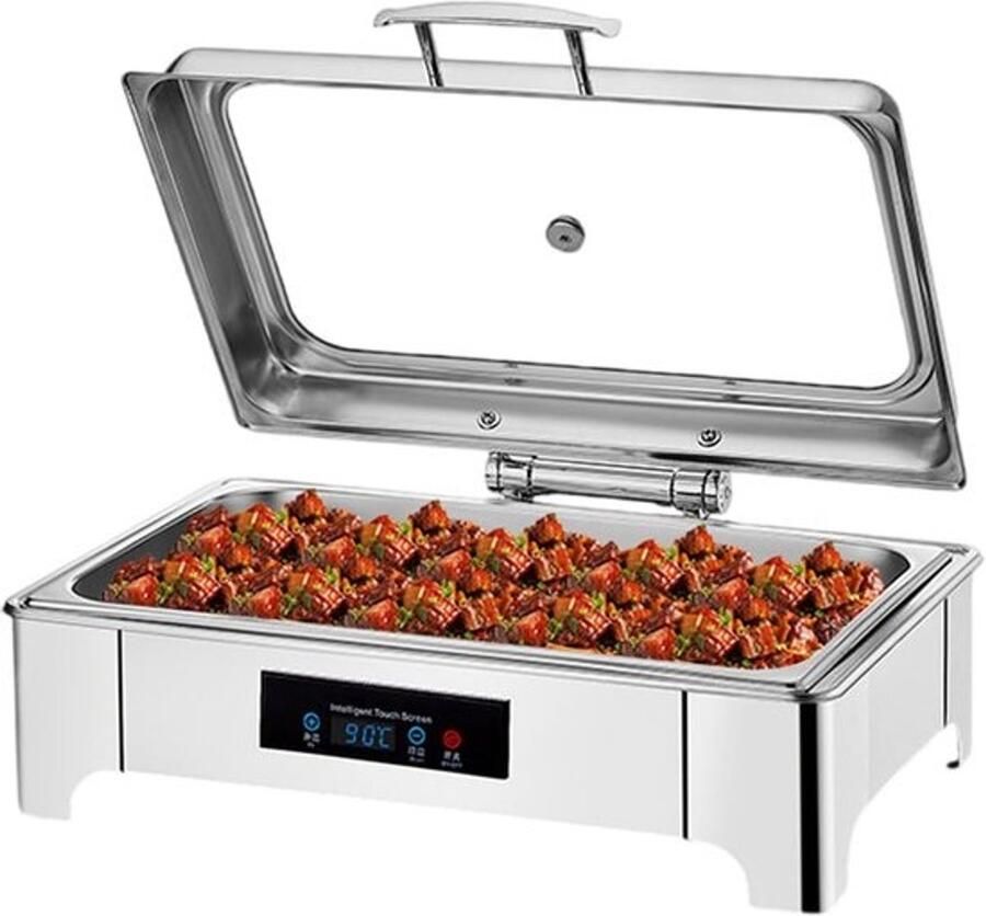 Elektrische Voedselwarmer Buffet Warmhoudplaat Feesten en Catering LED Touch Display 13.5 Liter Capaciteit Zilver