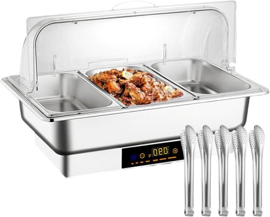 Elektrische Voedselwarmer Buffetset Stoomtafel Gerechten Warm Houden Instelbare Temperatuur 9 Liter Capaciteit Zilver