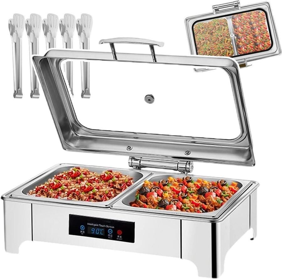 Elektrische Voedselwarmer Buffetwarmer Chafing Dish Eten Warm Houden Transparant Deksel 135 Liter Zilver