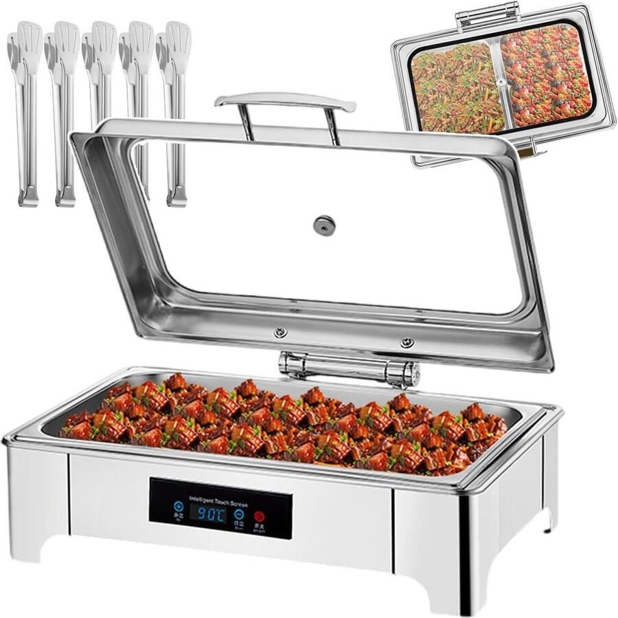 Elektrische Voedselwarmer Buffetwarmer Chafing Dish Gerechten Warm Houden Transparant Deksel 135 Liter Zilver
