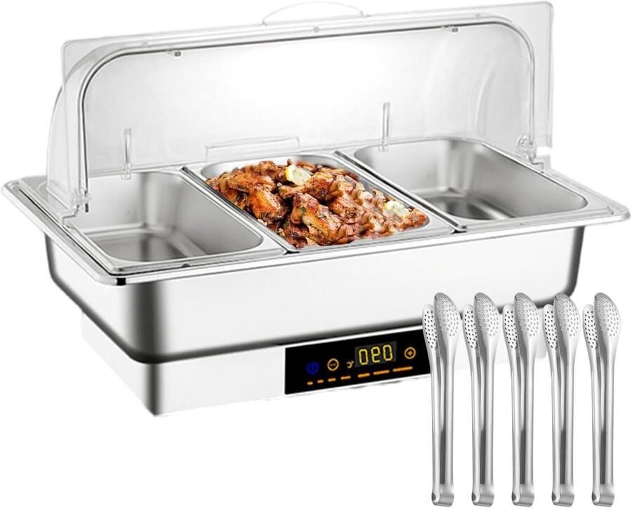 Elektrische Voedselwarmer Chafing Dish Buffetset Buffetten Warm Houden Instelbare Temperatuurregeling 9 Liter Zilver