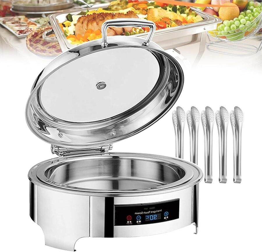 Elektrische Voedselwarmer Chafing Dish Buffetset Gerechten Warm Houden Touchscreen Temperatuurregeling 6 Liter Zilver