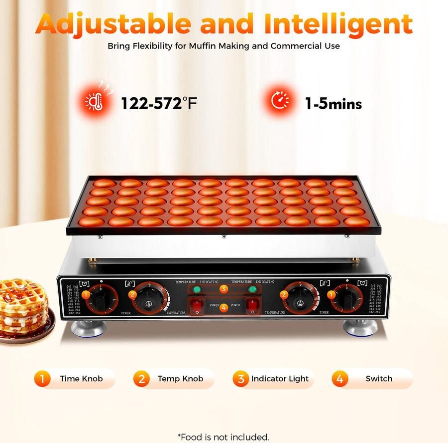Elektrische Wafel- En Pannenkoekenmaker 1800W 50 Gaten RVS Zilver Voor Commercieel Gebruik