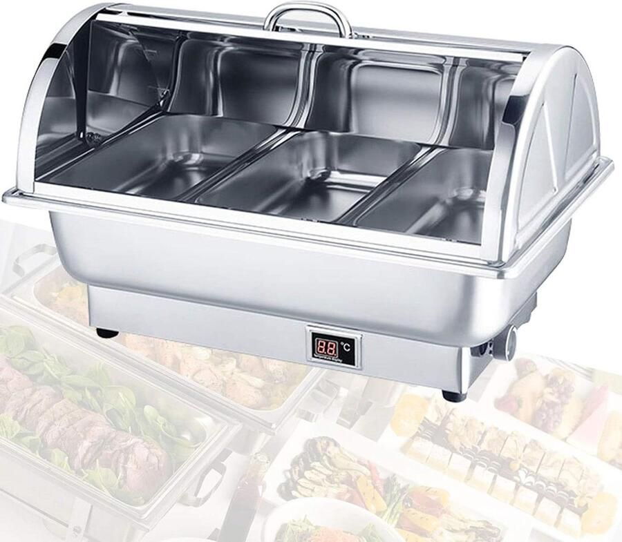 Elektrische Warmhoudbak Buffet Server Feesten en Buffet Instelbare Temperatuur 9L Capaciteit Zilver