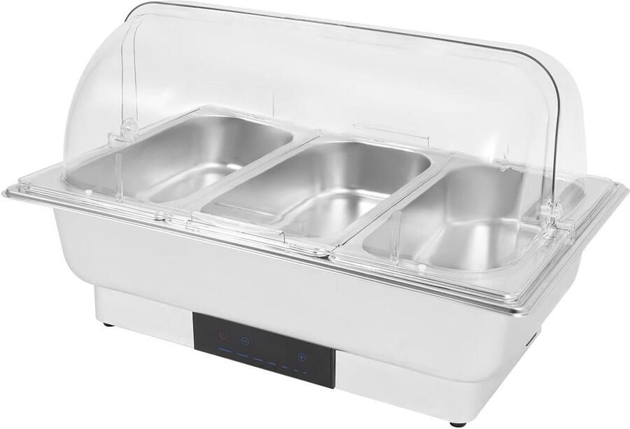 Elektrische Warmhoudcontainer Buffetwarmer Bain Marie Gerechten Warm Houden 3 Vakken Roestvrij Staal 9 Liter Zilver
