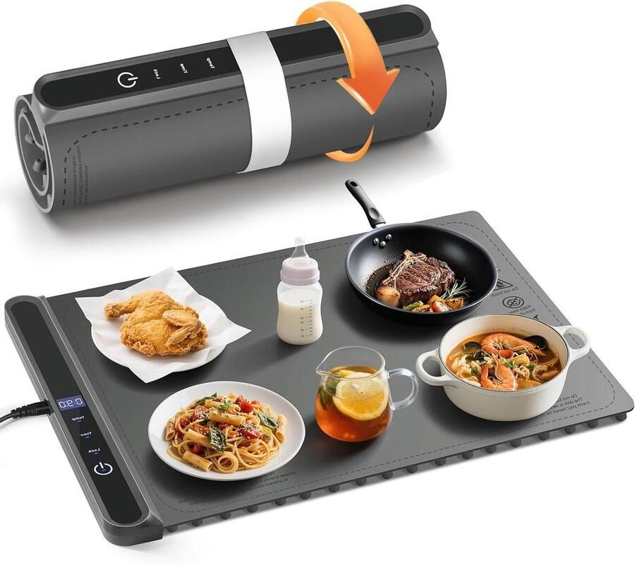 Elektrische Warmhoudmat Inklapbaar Verwarmingsplateau Eten Warm Houden 6 Temperaturen 9 Timers 300 Watt Grijs