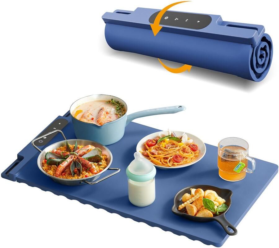 Elektrische warmhoudplaat 240 W opvouwbare voedselverwarmer met instelbare temperatuurregeling timer nano-siliconen en kinderbeveiliging voor warm houden of ontdooien donkergrijs