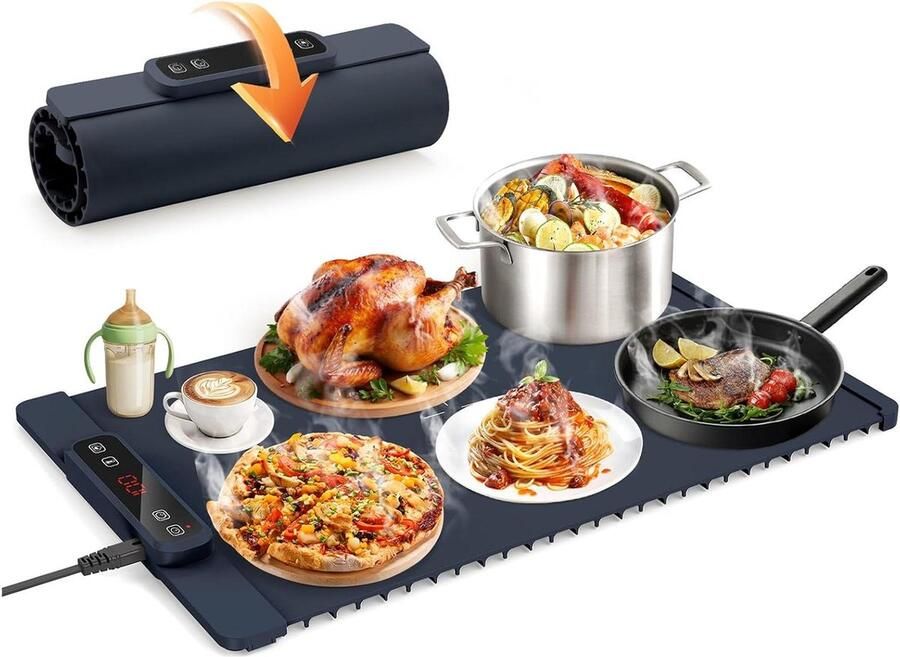 Elektrische Warmhoudplaat Buffet Server Warmhoudplaat Eten Warm Houden Opvouwbaar Ontwerp 4 Uur Timer Donkerblauw