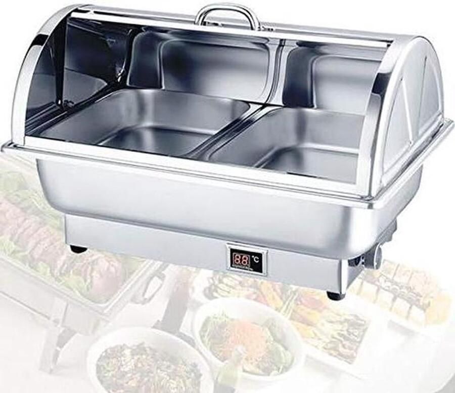Elektrische Warmhoudplaat Buffet Warmer Gerechten Warm Houden Instelbare Temperatuur 9 Liter Inhoud Zilver