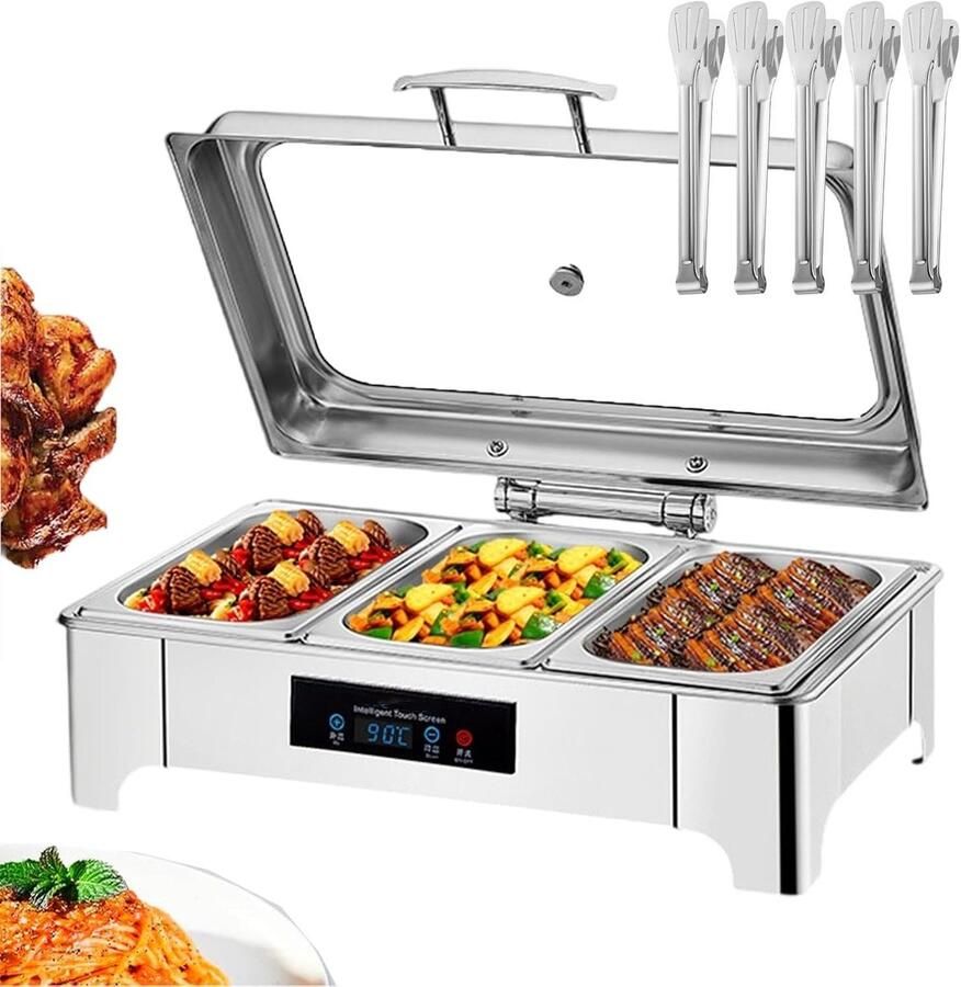 Elektrische Warmhoudplaat Buffetwarmer Chafing Dish Gerechten Warm Houden Touchscreen Temperatuurregeling 135 Liter Inhoud Zilver