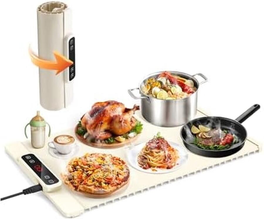 Elektrische Warmhoudplaat Buffetwarmer Food Server Eten Warm Houden Waterdicht Ontwerp 4 Uur Timer Beige