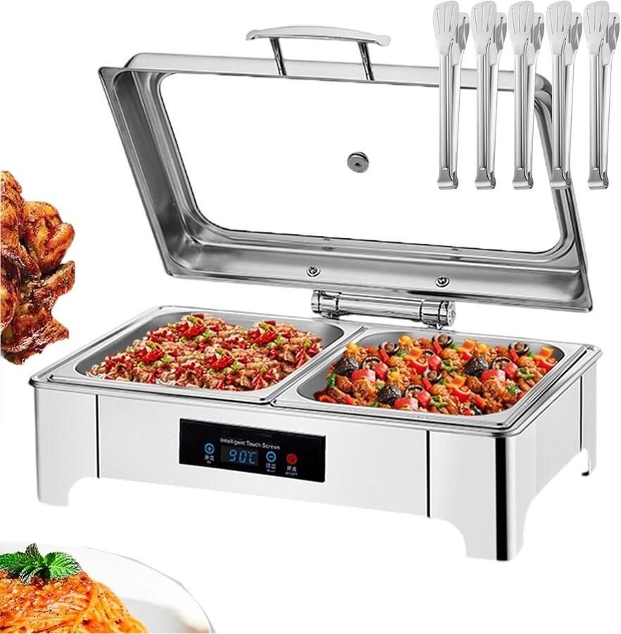 Elektrische Warmhoudplaat Buffetwarmer Glazen Deksel Gerechten Warm Houden Touchscreen Temperatuur 135 Liter Inhoud Zilver