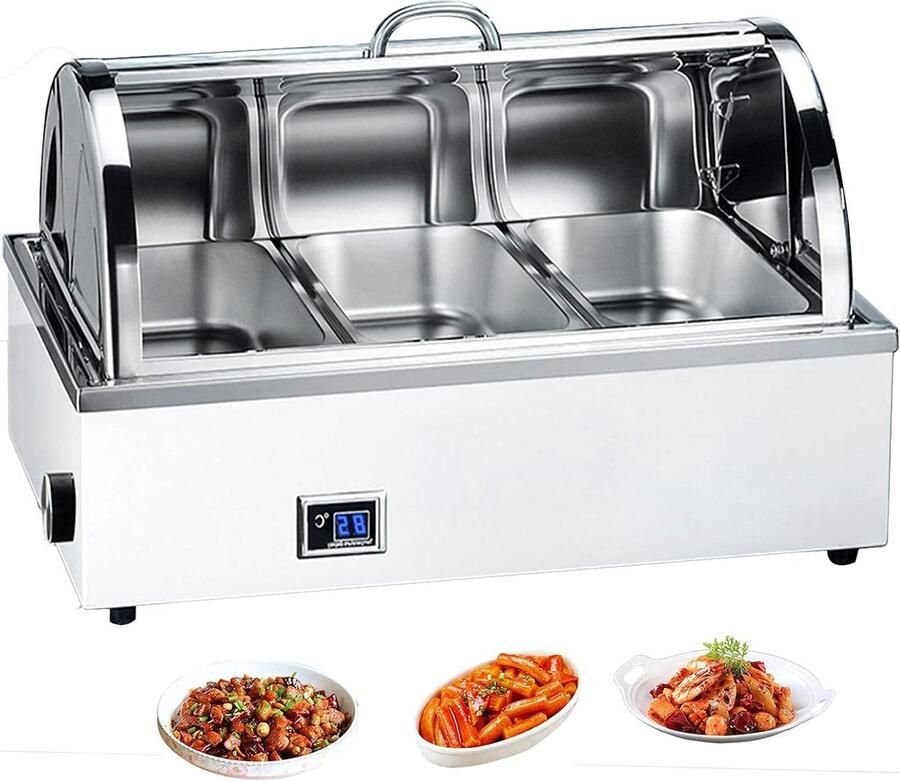 Elektrische Warmhoudplaat Buffetwarmer Roestvrijstaal Eten Warm Houden Instelbare Temperatuur 9 Liter Inhoud Zilverkleurig