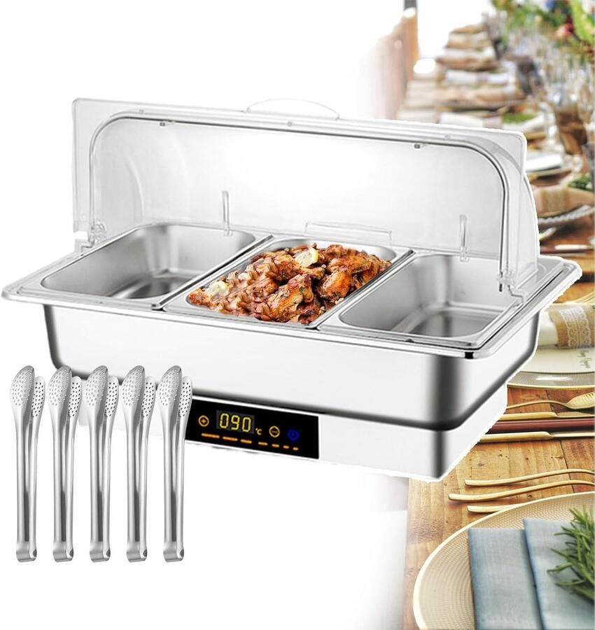 Elektrische Warmhoudplaat Commerciële Voedselwarmer Buffetten Warm Houden Instelbare Temperatuur 50-90°C 9 Liter Inhoud Zilver