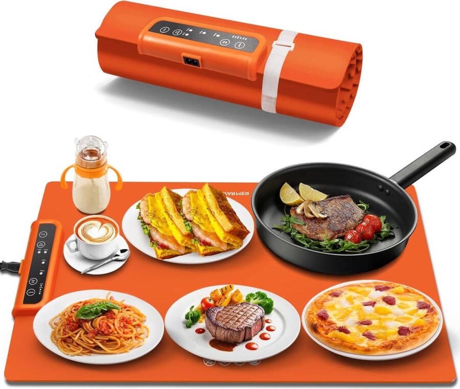 Elektrische Warmhoudplaat Innowarmer met Volledige Verwarming Opvouwbaar Siliconen Warmhoudplaat 3 Instelbare Temperaturen en Timer Buffetwarmer voor Familie Oranje